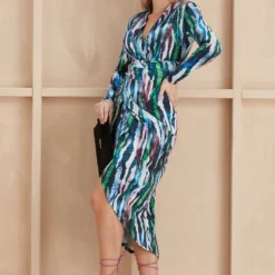Forever Wrap Midi Dress With Front Slit In Green Animal Print -Cheap My Dreamy Dress Store forever wrap midi dress with front slit in green animal print p16438 132673 image
