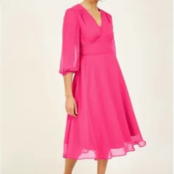Yumi Fuchsia Pink Dobby Spot Kimono Midi Dress