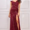 Bardot Sequin Pleated Maxi Dress - Wine