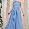 Chiffon Feather Bandeau Maxi Dress- Blue