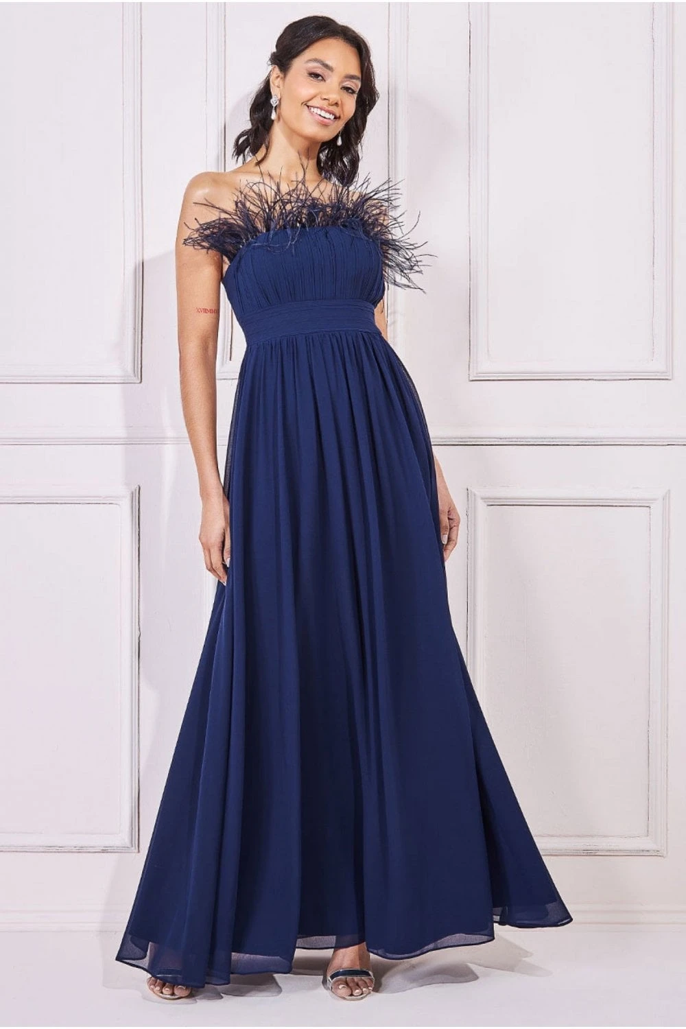 Chiffon Feather Bandeau Maxi Dress - Navy 1 Chiffon Feather Bandeau Maxi Dress - Navy
