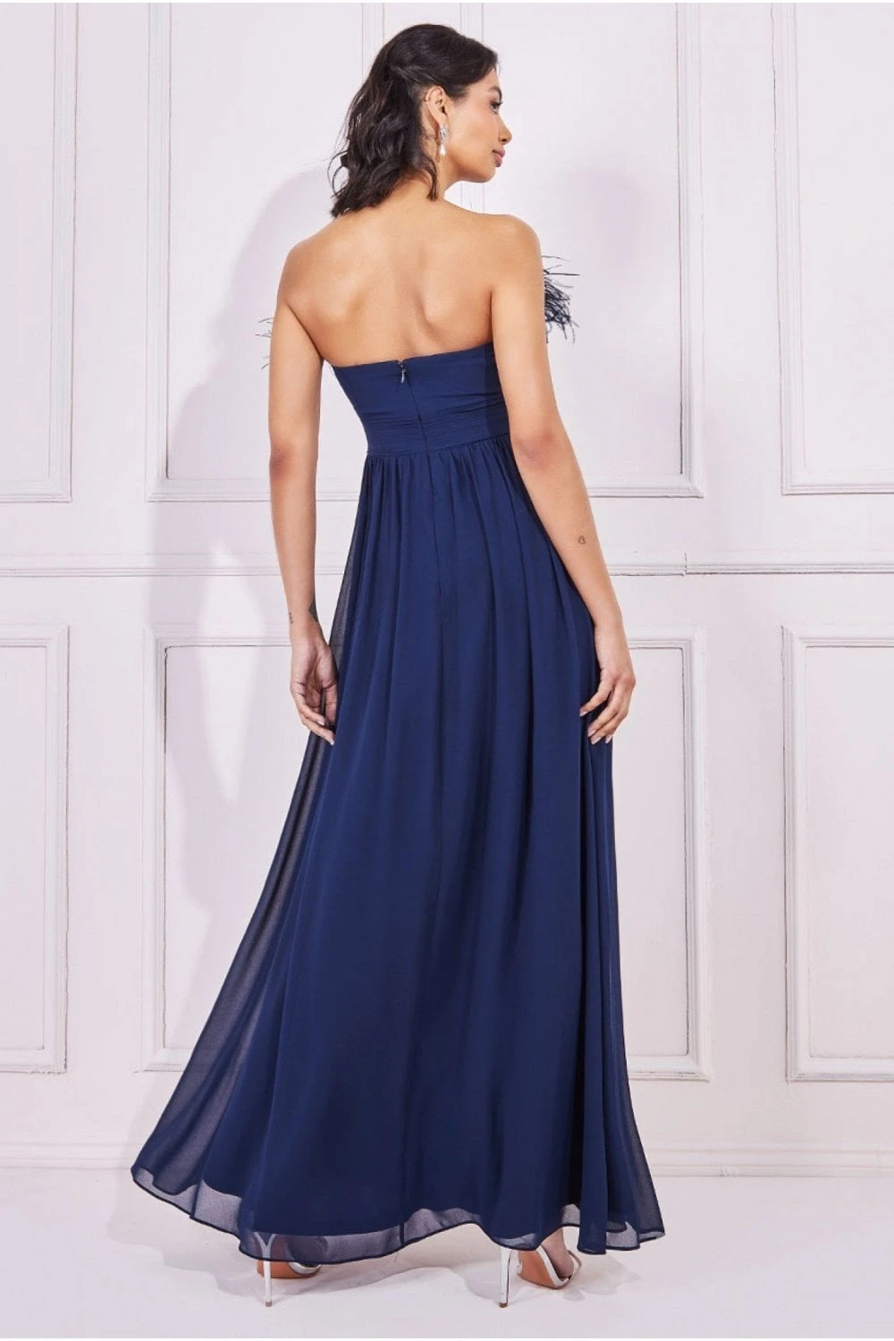 Chiffon Feather Bandeau Maxi Dress - Navy 3 Chiffon Feather Bandeau Maxi Dress - Navy - Image 3