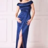 Cowl Bardot Satin Twill Maxi Dress - Navy