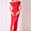 Cowl Bardot Satin Twill Maxi Dress - Red