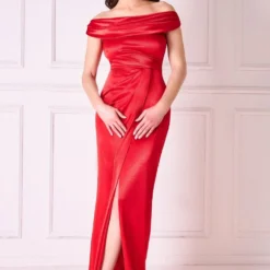 Cowl Bardot Satin Twill Maxi Dress - Red