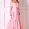 Pleated Chiffon Off Shoulder Maxi Dress - Blush