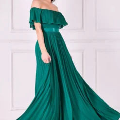 Pleated Chiffon Off Shoulder Maxi Dress - Green