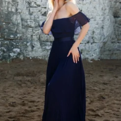 Pleated Chiffon Off Shoulder Maxi Dress - Navy -Cheap My Dreamy Dress Store goddiva pleated chiffon off shoulder maxi dress navy p22274 158020 image