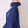 Pleated Chiffon Off Shoulder Maxi Dress - Navy