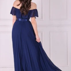 Pleated Chiffon Off Shoulder Maxi Dress - Navy -Cheap My Dreamy Dress Store goddiva pleated chiffon off shoulder maxi dress navy p22274 158022 image
