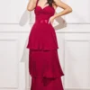 Pleated Chiffon Tiered Maxi Dress - Burgundy