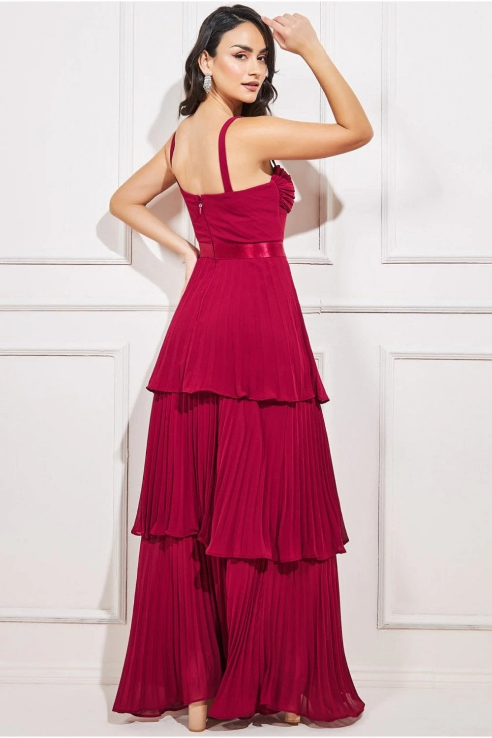 Pleated Chiffon Tiered Maxi Dress - Burgundy 2 Pleated Chiffon Tiered Maxi Dress - Burgundy - Image 2