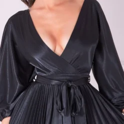 Satin Pleated Skirt Wrap Midi Dress - Black -Cheap My Dreamy Dress Store goddiva satin pleated skirt wrap midi dress black p22269 158001 image