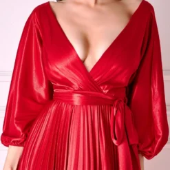 Satin Pleated Skirt Wrap Midi Dress - Red -Cheap My Dreamy Dress Store goddiva satin pleated skirt wrap midi dress red p22270 158005 image