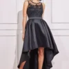 Sequin & Satin Dipped Hem Midi Dress - Black