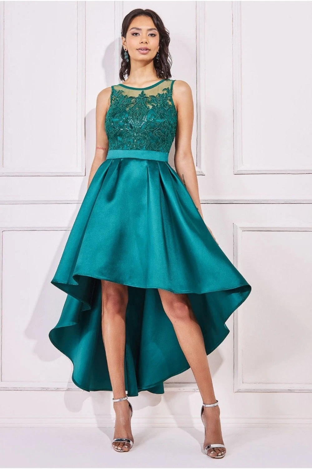 Sequin & Satin Dipped Hem Midi Dress - Emerald 1 Sequin & Satin Dipped Hem Midi Dress - Emerald