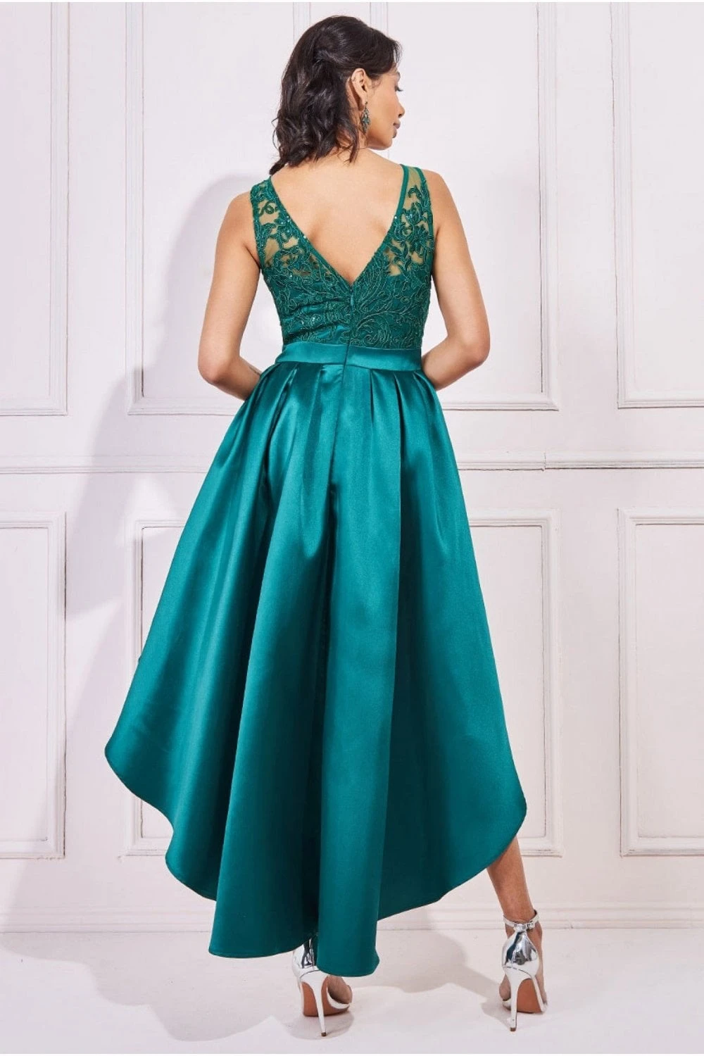 Sequin & Satin Dipped Hem Midi Dress - Emerald 4 Sequin & Satin Dipped Hem Midi Dress - Emerald - Image 4
