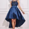 Sequin & Satin Dipped Hem Midi Dress - Navy
