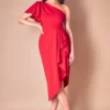Waterfall Sleeve Wrap Midi Dress - Red
