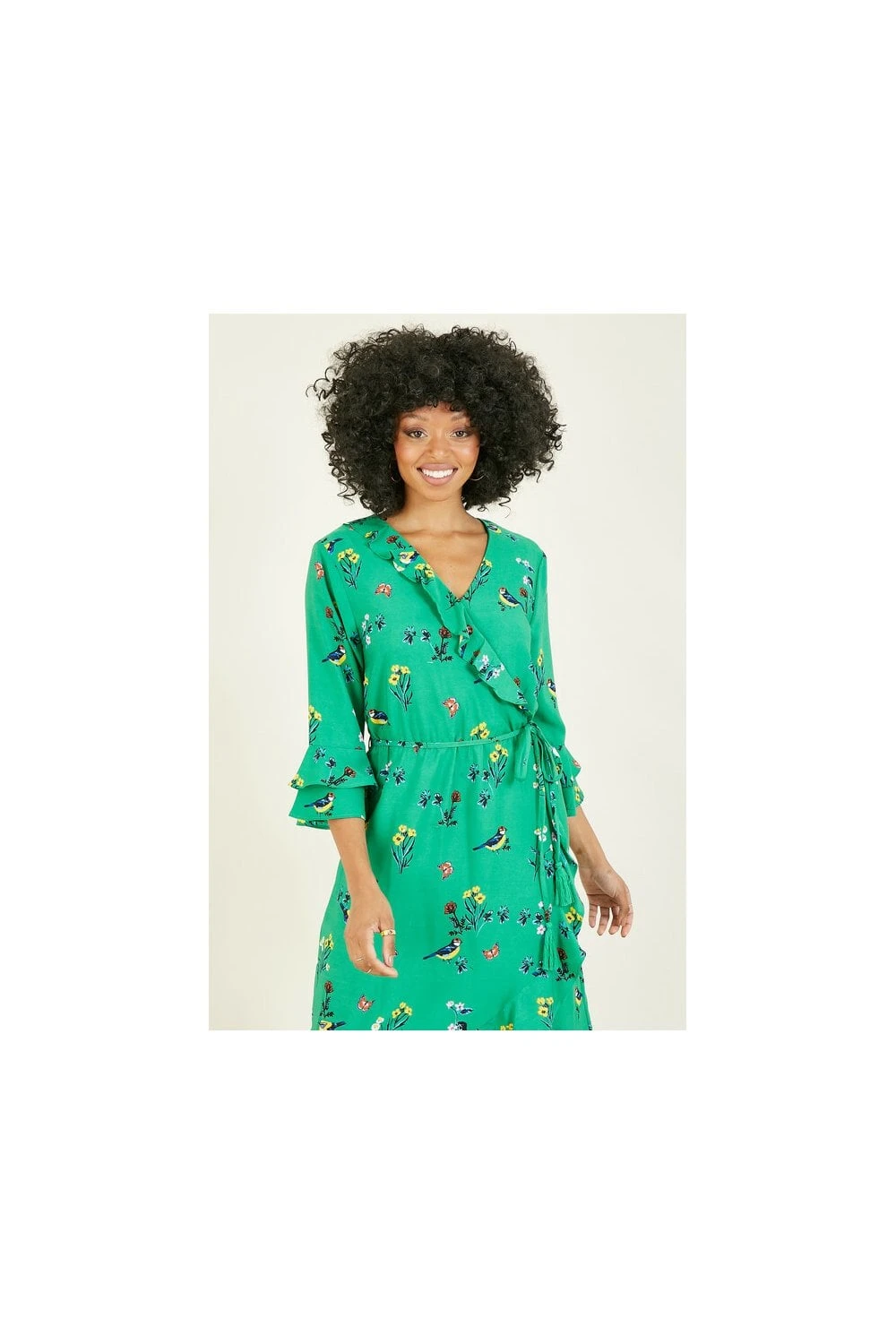 Yumi Green Bird Print Wrap Dress 2 Yumi Green Bird Print Wrap Dress - Image 2