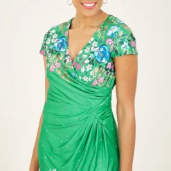 Yumi Green Cluster Floral Bodycon Wrap Dress -Cheap My Dreamy Dress Store green cluster floral bodycon wrap dress p7901 113875 image
