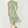 Yumi Green Crane Print Midi Shirt Dress