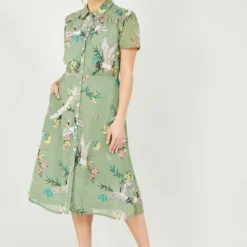 Yumi Green Crane Print Midi Shirt Dress -Cheap My Dreamy Dress Store green crane print midi shirt dress p10468 110544 image