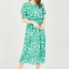 Yumi Green Floral Puff Sleeve Ruched Waist Midi Dress