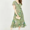Yumi Green Frill Crane Wrap Midi Dress