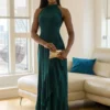 Green Halter Neck Wrap Front Frill Maxi Dress