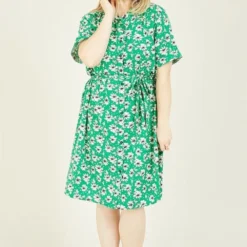 Green Plus Size Floral Tie Shirt Dress