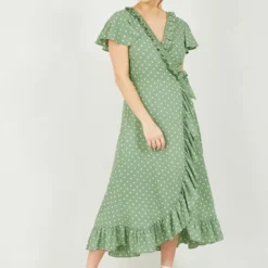 Yumi Green Polkadot Frill Wrap Dress
