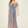 Yumi Green Rainbow Stripe Bardot Maxi Dress
