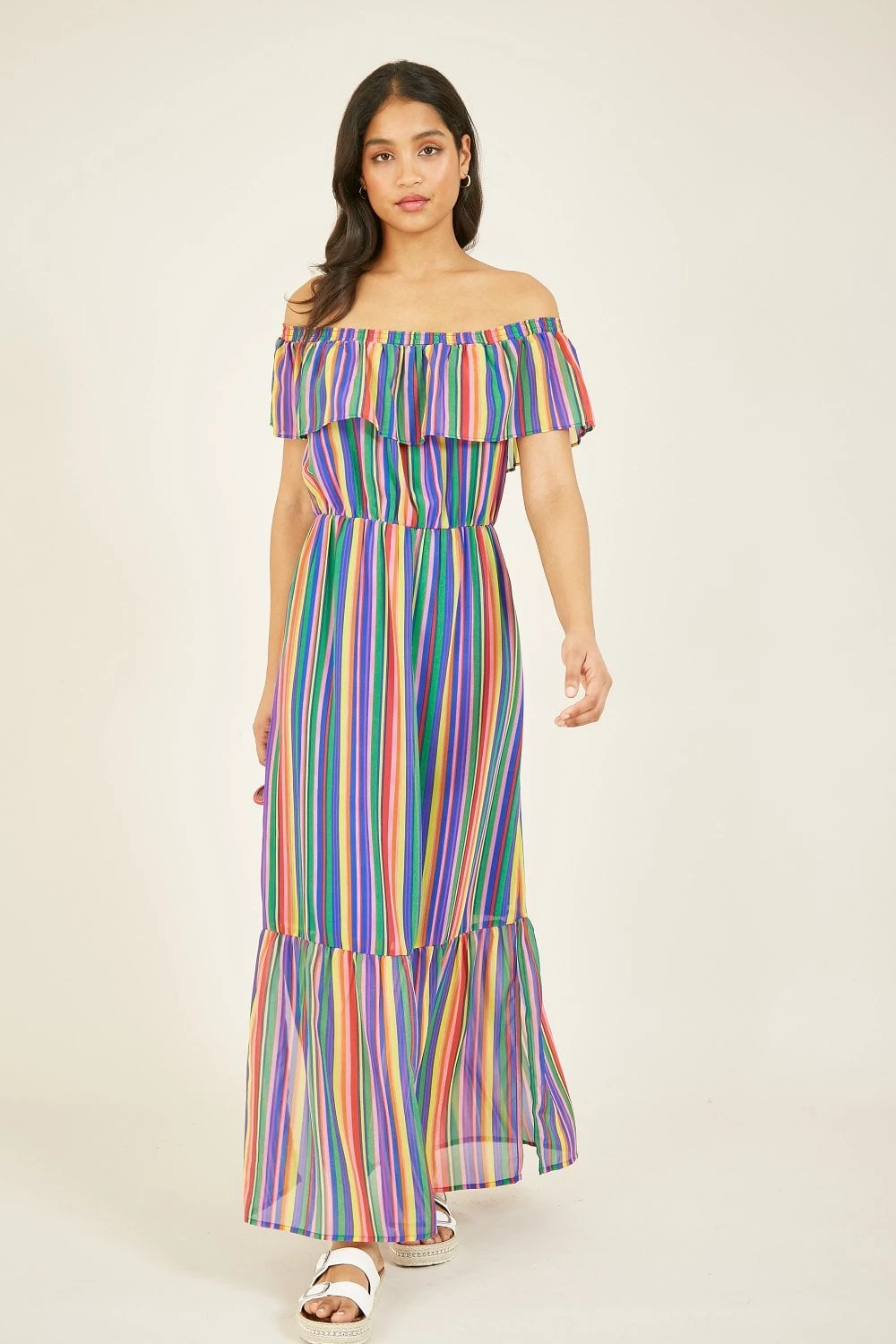 Yumi Green Rainbow Stripe Bardot Maxi Dress 1 Yumi Green Rainbow Stripe Bardot Maxi Dress