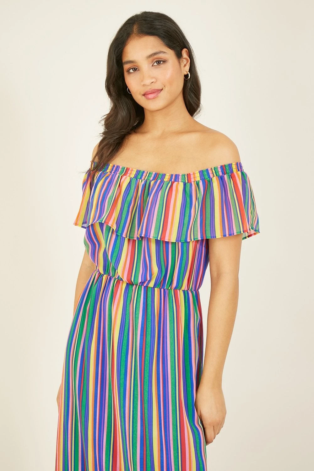 Yumi Green Rainbow Stripe Bardot Maxi Dress 2 Yumi Green Rainbow Stripe Bardot Maxi Dress - Image 2