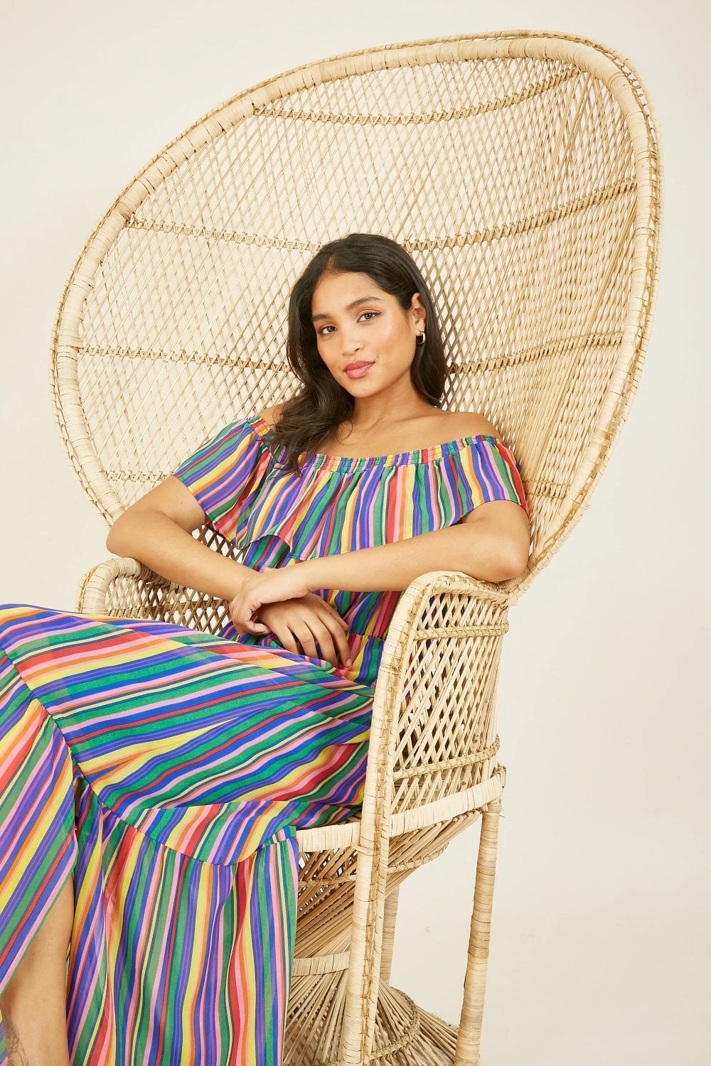 Yumi Green Rainbow Stripe Bardot Maxi Dress 3 Yumi Green Rainbow Stripe Bardot Maxi Dress - Image 3