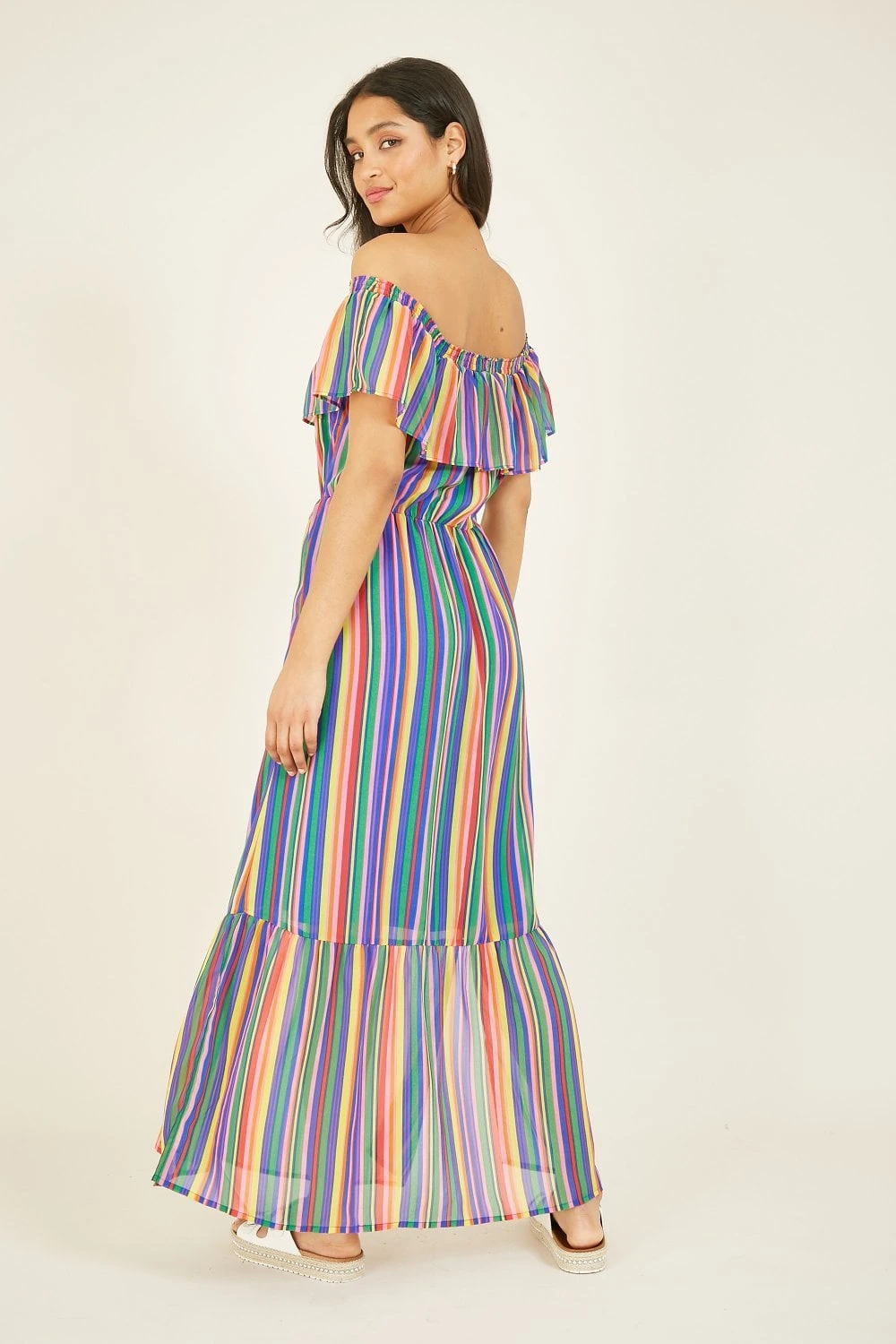 Yumi Green Rainbow Stripe Bardot Maxi Dress 4 Yumi Green Rainbow Stripe Bardot Maxi Dress - Image 4