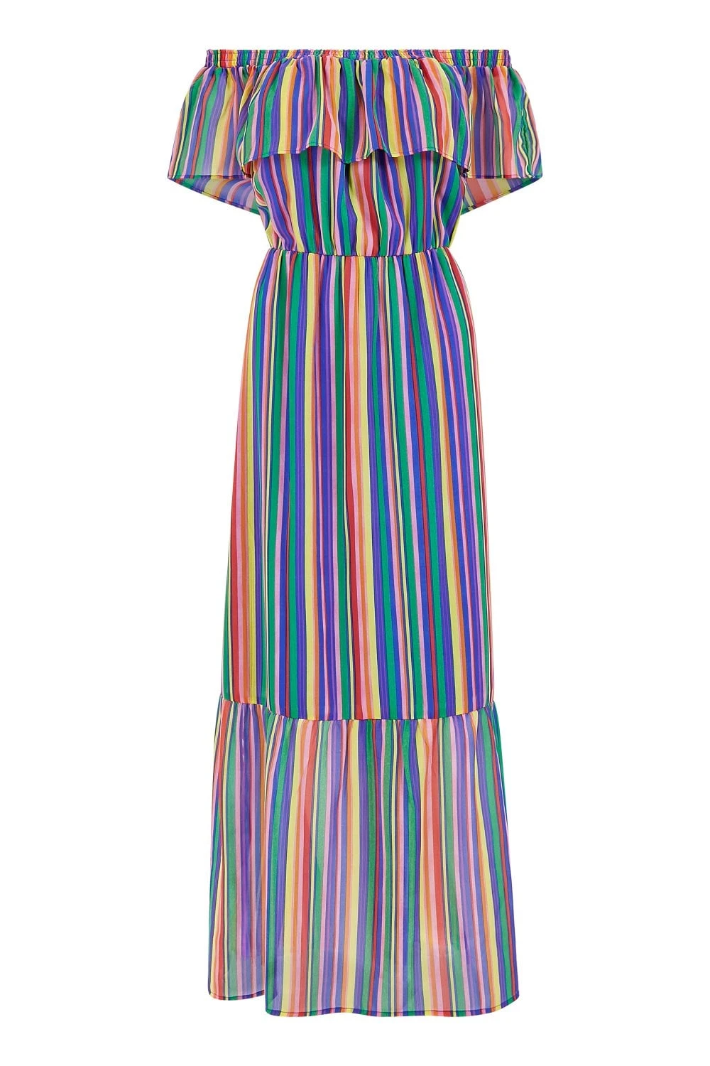 Yumi Green Rainbow Stripe Bardot Maxi Dress 5 Yumi Green Rainbow Stripe Bardot Maxi Dress - Image 5