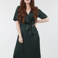 Green Satin Wrap Front Pleated Midi Dress -Cheap My Dreamy Dress Store green satin wrap front pleated midi dress p19829 147819 image