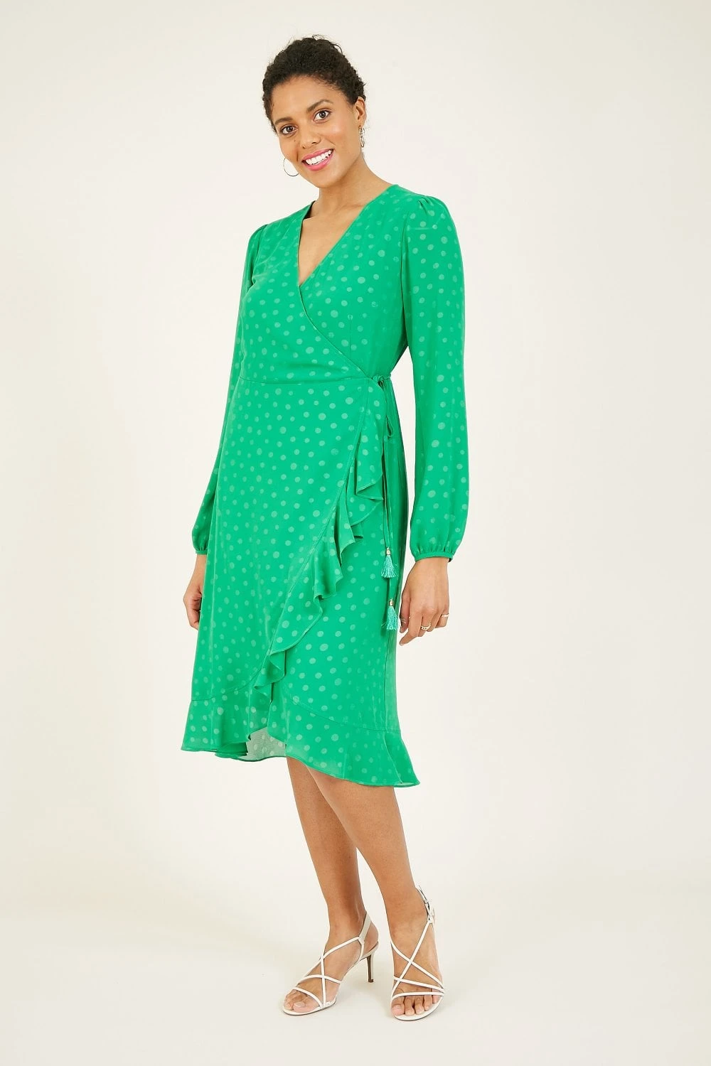 Yumi Green Spotted Frill Long Sleeve Wrap Dress 2 Yumi Green Spotted Frill Long Sleeve Wrap Dress - Image 2