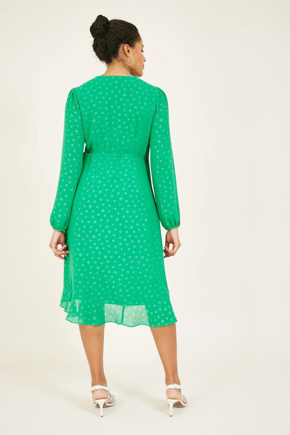 Yumi Green Spotted Frill Long Sleeve Wrap Dress 4 Yumi Green Spotted Frill Long Sleeve Wrap Dress - Image 4