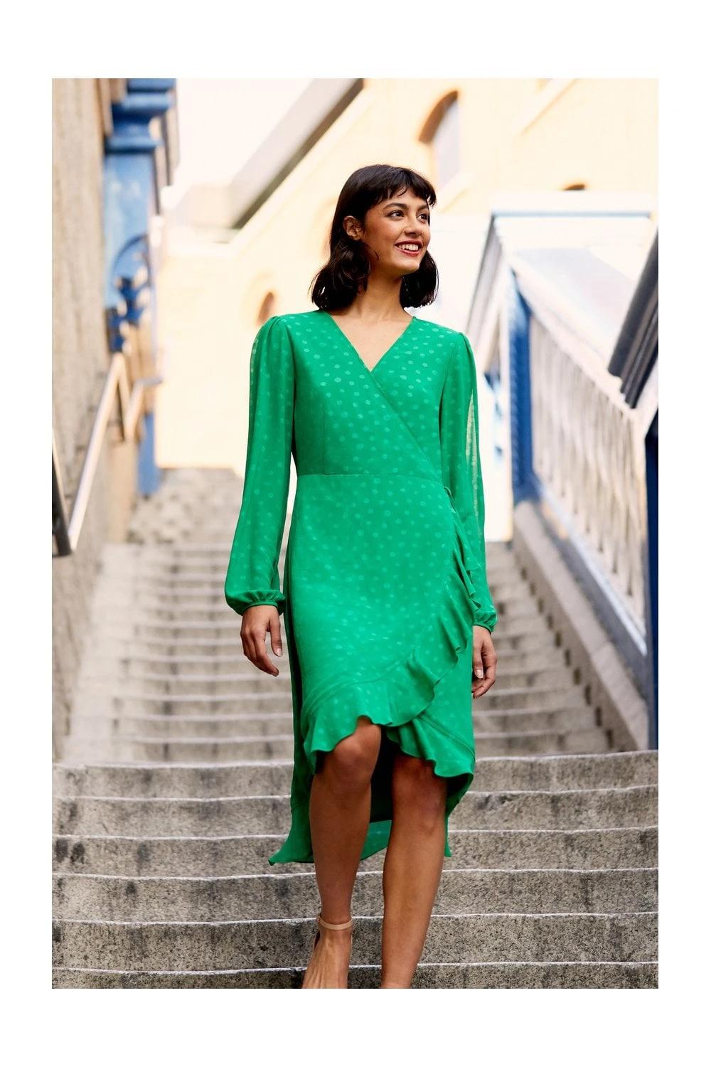 Yumi Green Spotted Frill Long Sleeve Wrap Dress 1 Yumi Green Spotted Frill Long Sleeve Wrap Dress