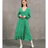 Green Spotty Long Sleeve Midi Dress