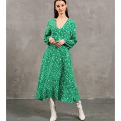 Green Spotty Long Sleeve Midi Dress