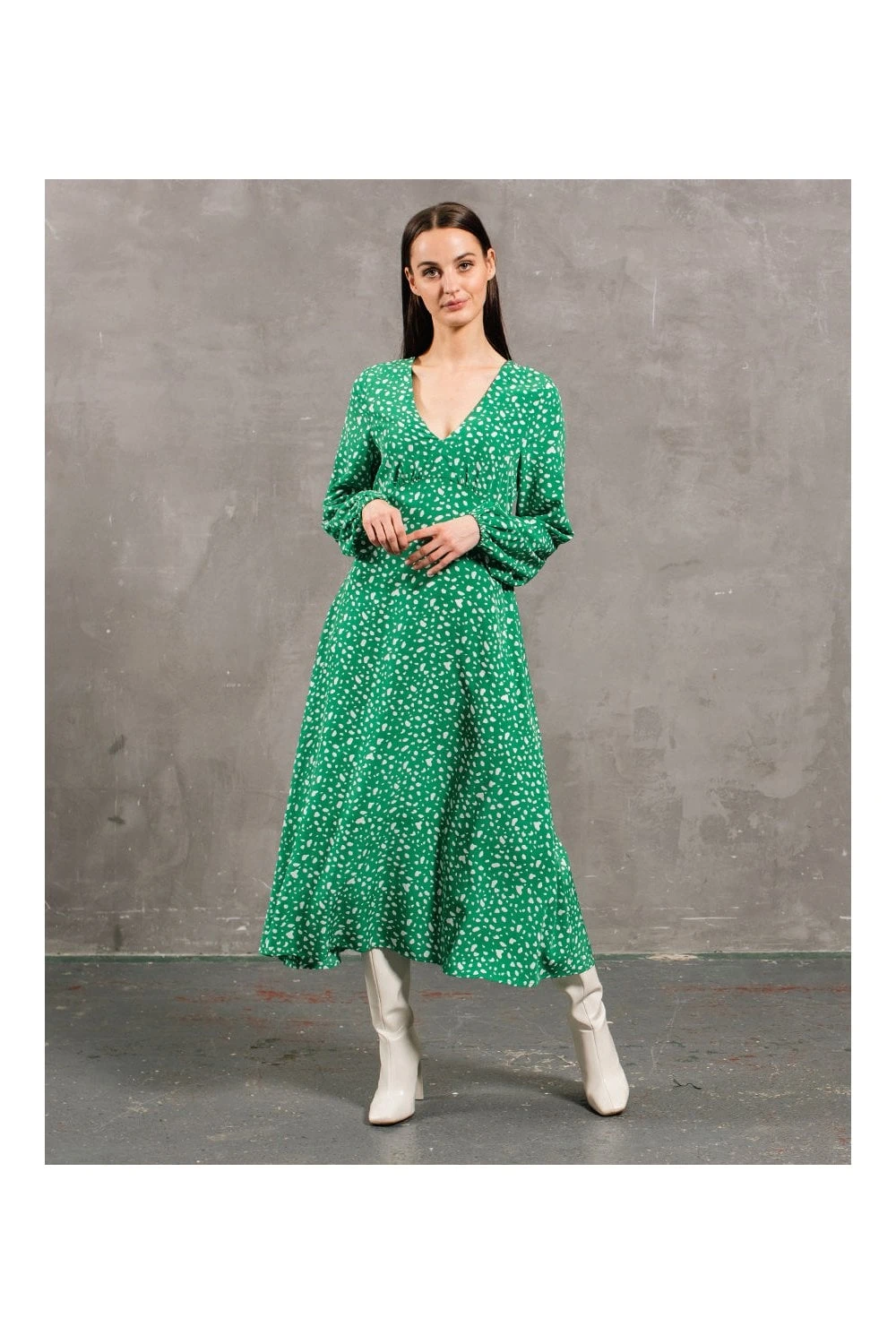 Green Spotty Long Sleeve Midi Dress 1 Green Spotty Long Sleeve Midi Dress