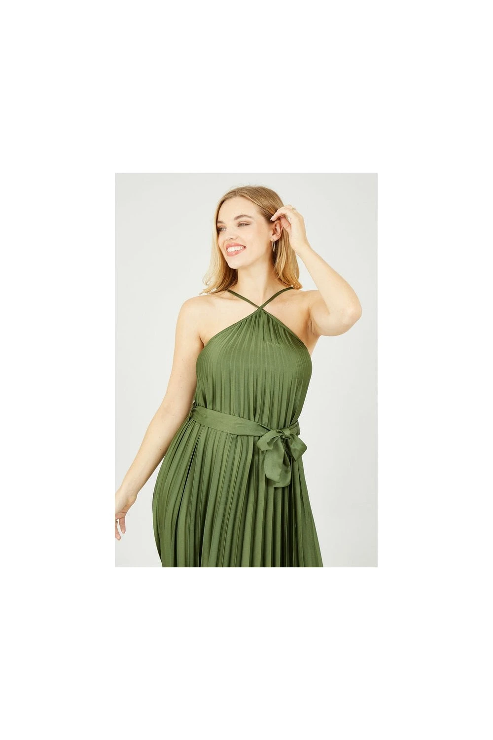 Yumi Green V Strap Satin Pleated Midi Dress 2 Yumi Green V Strap Satin Pleated Midi Dress - Image 2