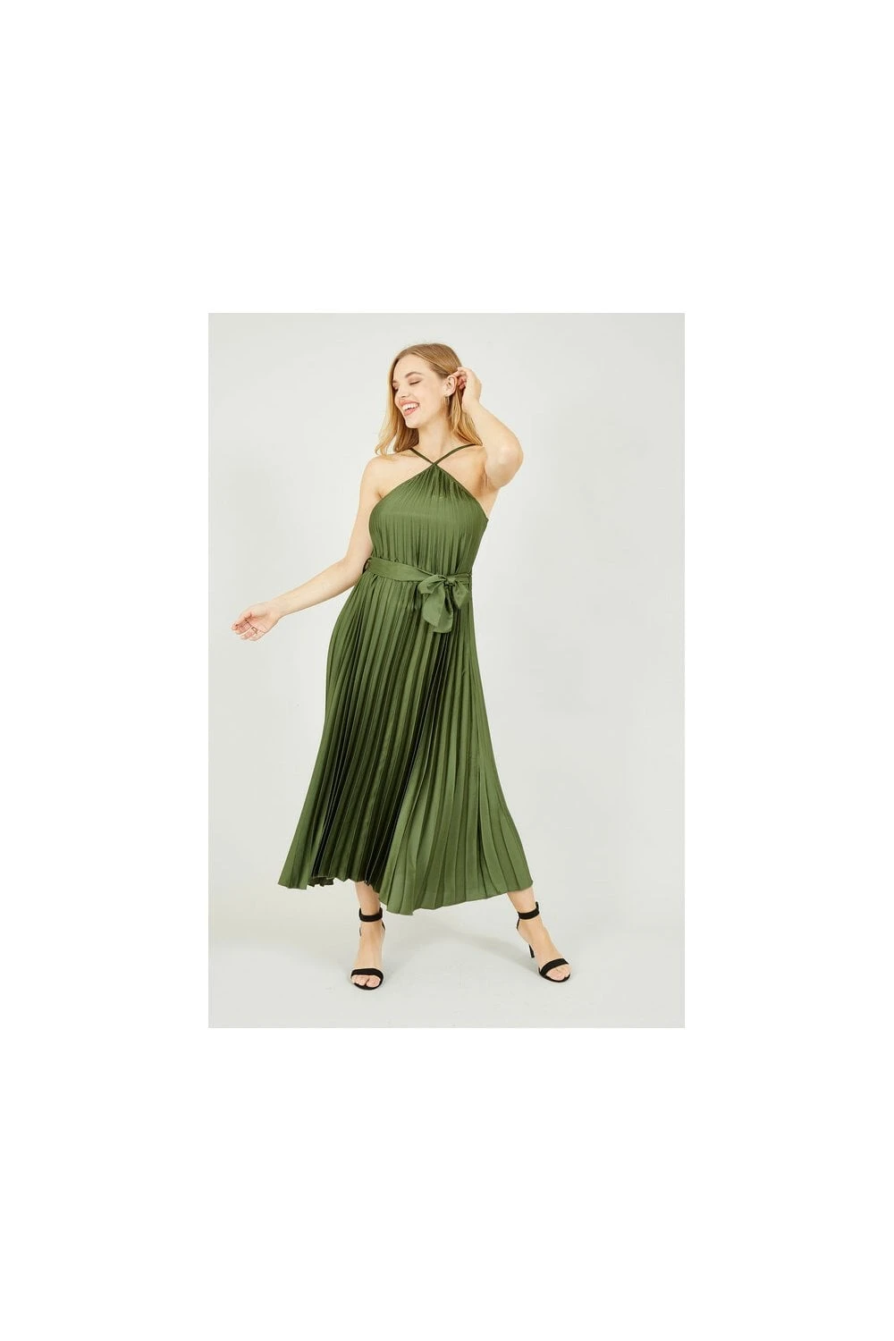 Yumi Green V Strap Satin Pleated Midi Dress 3 Yumi Green V Strap Satin Pleated Midi Dress - Image 3