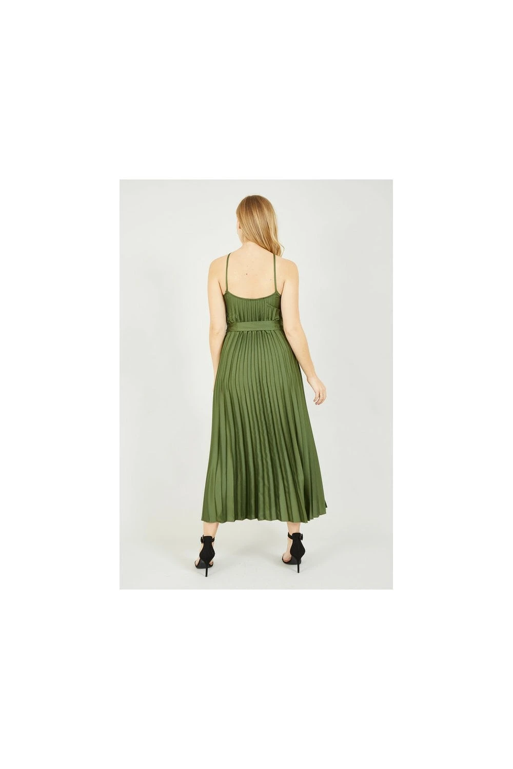 Yumi Green V Strap Satin Pleated Midi Dress 4 Yumi Green V Strap Satin Pleated Midi Dress - Image 4