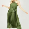 Yumi Green V Strap Satin Pleated Midi Dress