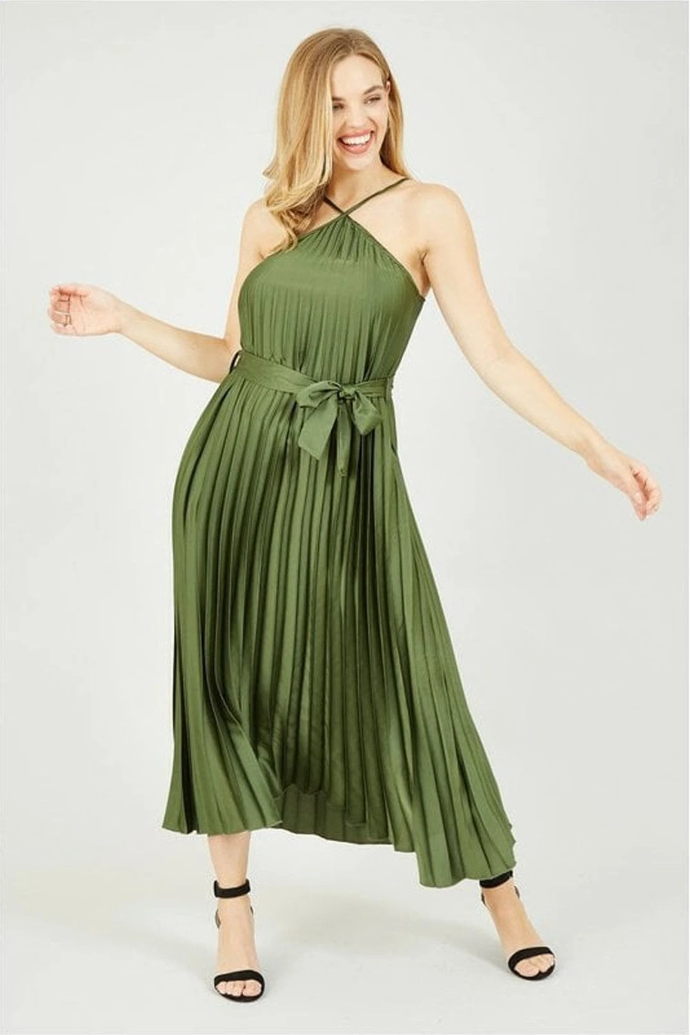 Yumi Green V Strap Satin Pleated Midi Dress 1 Yumi Green V Strap Satin Pleated Midi Dress